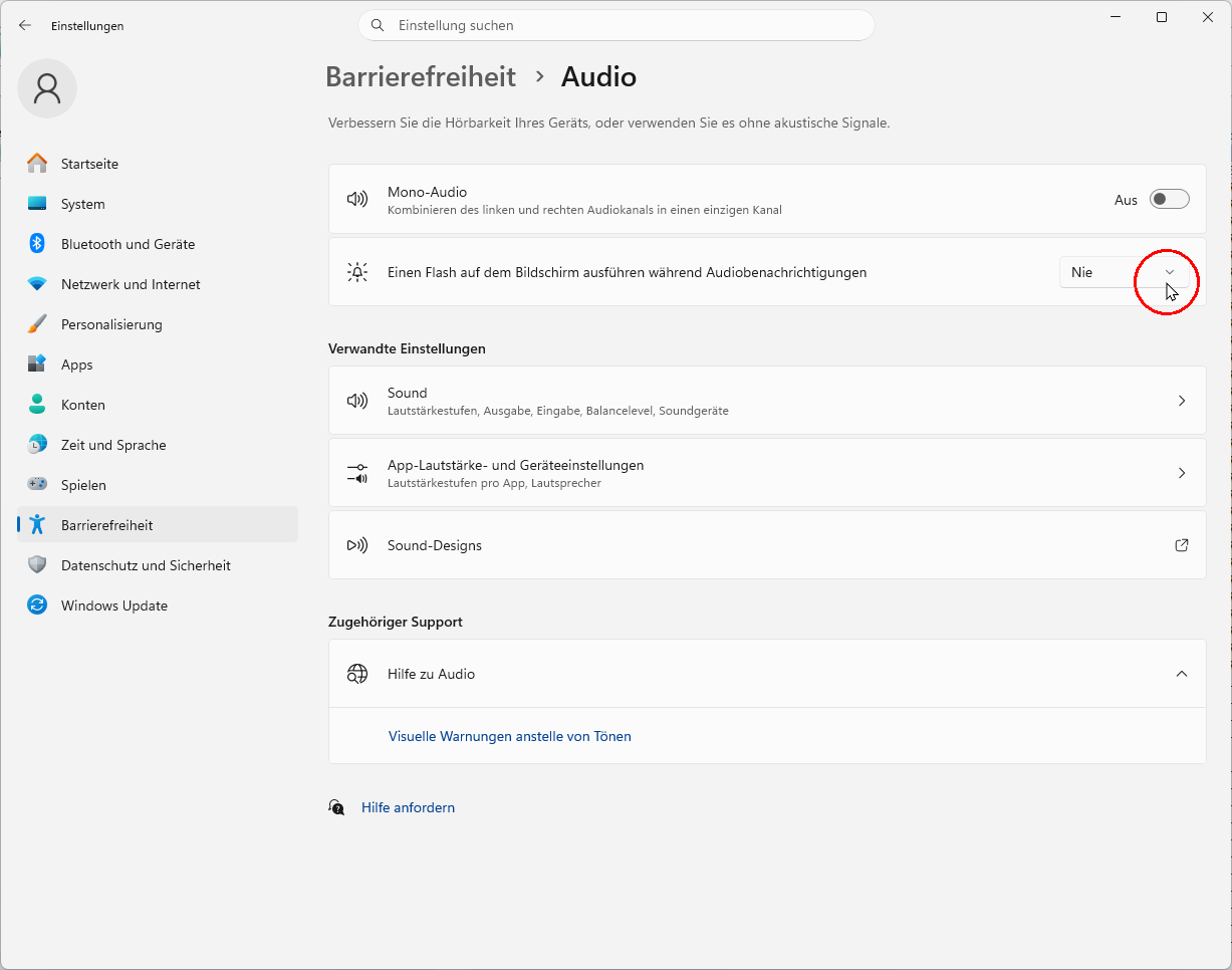 Bildschirmfoto Windows 11: : Einstellungen → Barrierefreiheit → Hörvermögen: Audio → Einen Flash auf dem Bildschirm ausführen während Audiobenachrichtigungen