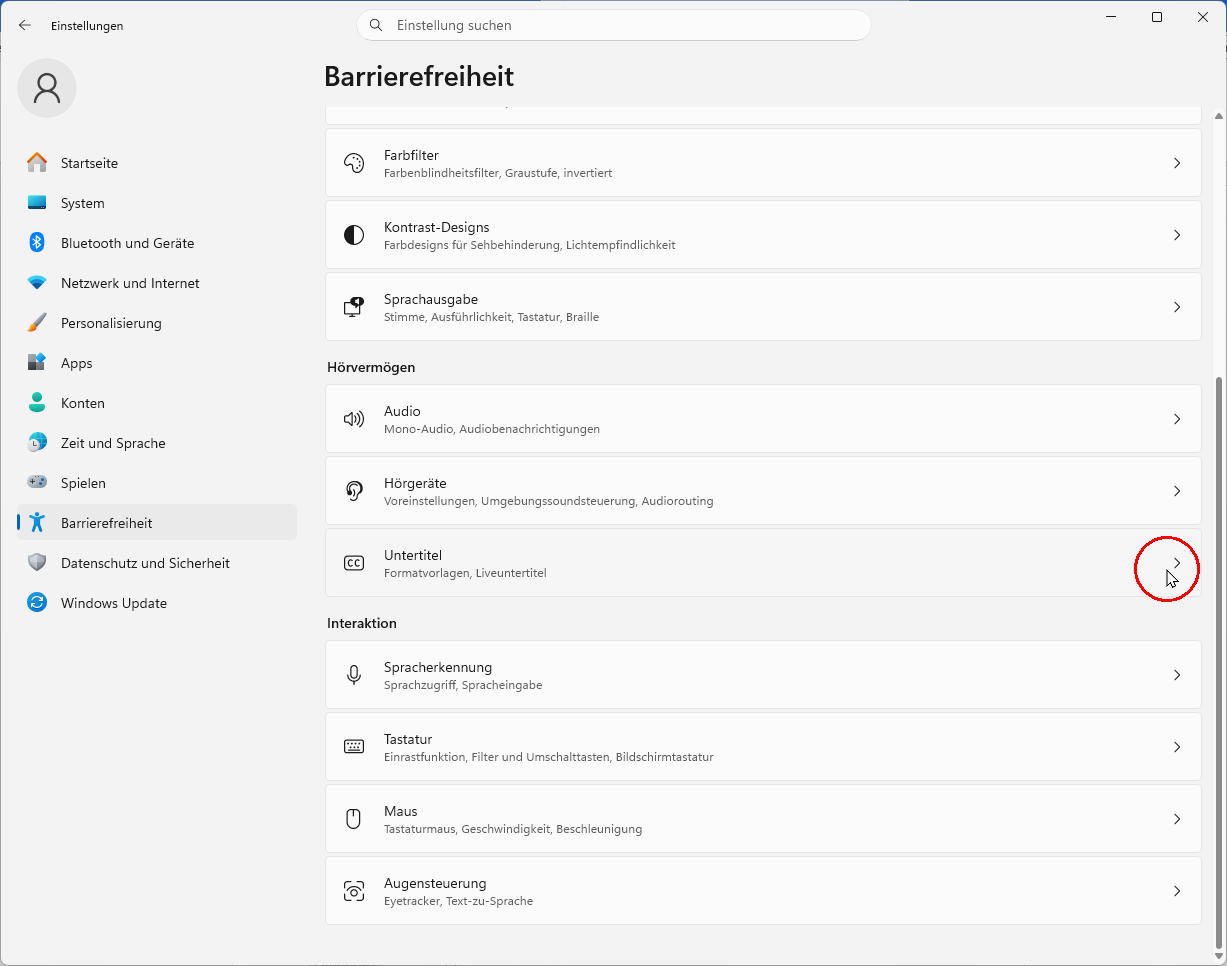 Bildschirmfoto Windows 11: Einstellungen → Barrierefreiheit → Hörvermögen: Untertitel 