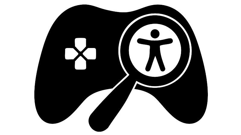 Foto des Netzwerks Barrierefreies Gaming. Ein schwarzer Handheld-Controller mit einer Lupe in welche das verbreitete Symbol für Barrierefreiheit dargestellt ist.