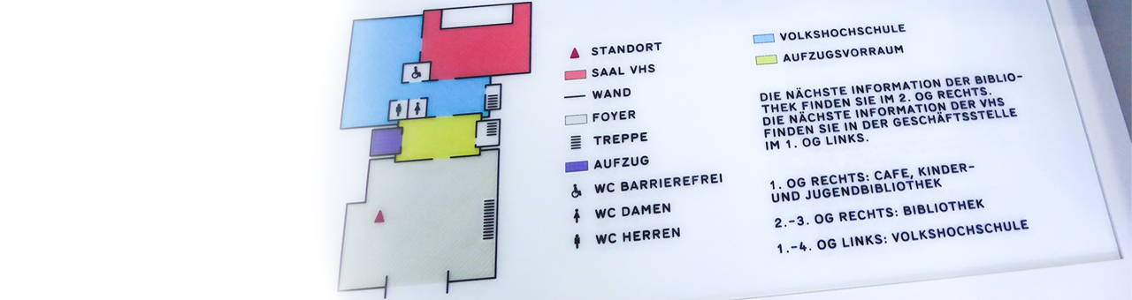 Tastbarer-Gebäudeplan mit Legende, Räume sind farblich und mit Piktogramme dargestellt