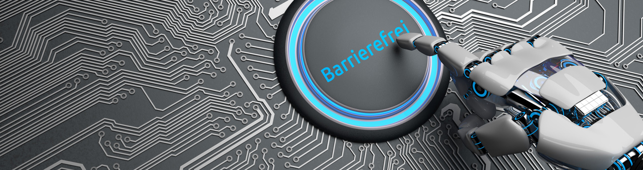 Roboterhand, die auf einen beleuchteten Schalter auf einem digitalen Bauteil drückt, der mit Barrierefrei beschriftet ist.