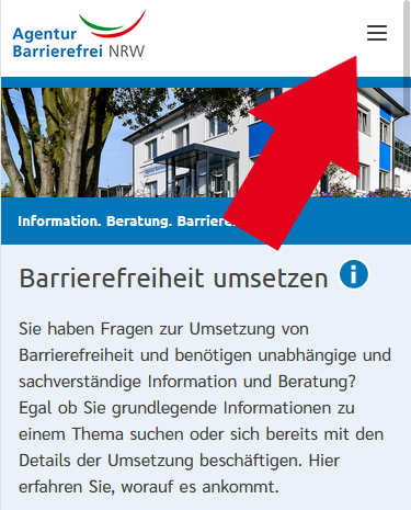 Bild von der Internetseite ab-nrw.de mit einem Pfeil, der auf das Menü zeigt (Handyansicht)