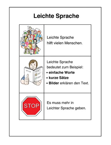 Eine Seite Text in Leichter Sprache mit Bildern