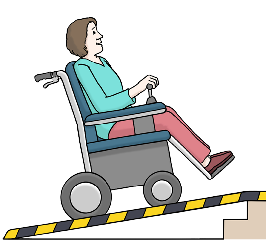 Frau mit Rollstuhl benutzt eine Rampe